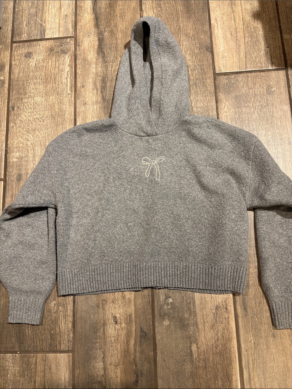 Hollister Gray Cropped Knit Hoodie with Embroidered Bow